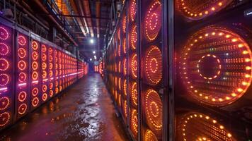 Sophisticated crypto mining setup, with rows of hardware bathed in an otherworldly glow video