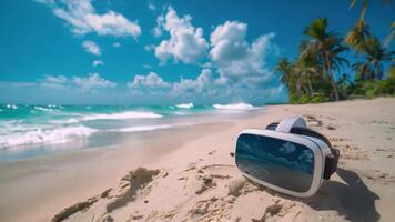 A pair of VR goggles rests on the sand with a clear blue sky and sparkling ocean backdrop. video