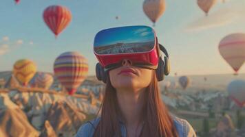 A woman in VR headset stands before colorful hot air balloons in a field, experiencing a virtual reality travel adventure. video