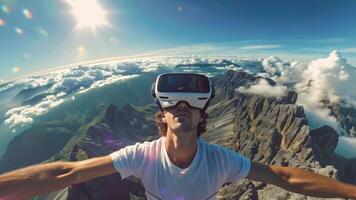 Man is engaged in a VR simulation, spreading arms as if soaring above a mountainous landscape. video