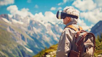A senior man with a backpack uses a virtual reality headset against the backdrop of mountainous terrain on a clear day. video