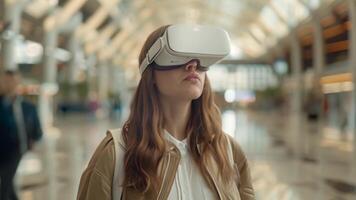 uma mulher carrinhos dentro uma ocupado aeroporto terminal, explorando uma virtual mundo através uma vr fone de ouvido. video