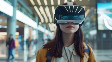 A woman stands in a public concourse wearing a VR headset, immersed in a virtual experience amidst passersby. video