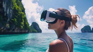 A woman using a VR headset with an ocean and cliffs backdrop, simulating travel. video