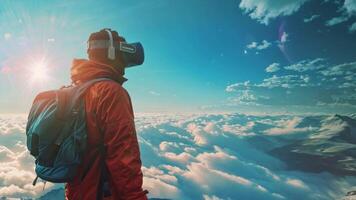 une homme avec une vr casque des stands avant une vaste, rempli de nuages ciel comme le Soleil ensembles, simuler un immersif Voyage expérience. video