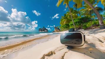 VR goggles rest on pristine white sand against a backdrop of a vivid blue sky, clear turquoise water, and lush palm trees. video