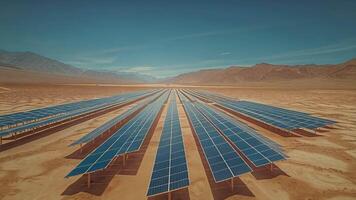 In the desert expanse, solar battery arrays stand tall, capturing renewable energy video