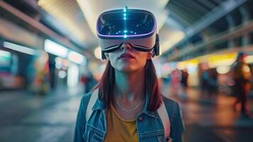 A woman immersed in virtual reality experience through a headset while standing in a bustling train station. video