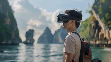 A young man with a VR headset and backpack stands by a serene beach, virtually exploring a scenic coastline. video