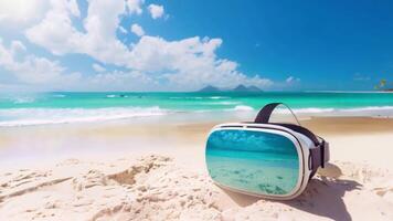 A pair of VR goggles sits atop a sandy beach with gentle waves in the background. video