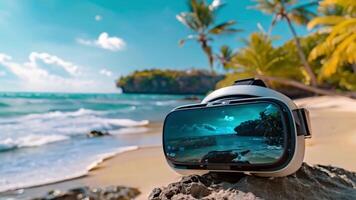 VR goggles resting on a beach rock, displaying a virtual beach scene, blending technology with natural surroundings. video