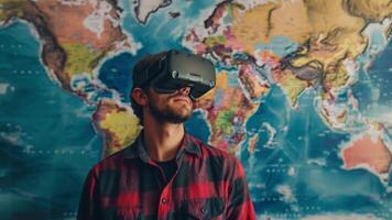 un hombre vistiendo un virtual realidad auriculares soportes en frente de un grande mapa, explorador viaje destinos en inmersivo vr experiencia. video