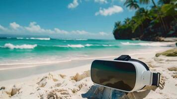 VR goggles rest on a sunlit sandy beach with a clear blue ocean and sky in the background. video