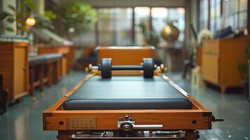 This Pilates reformer machine in studio, inviting fitness enthusiasts for strength and flexibility video