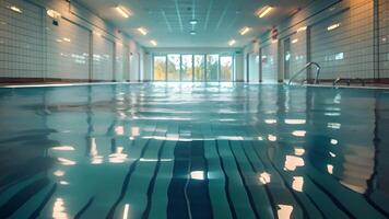 diese Aussicht von ein Innen- Schwimmen Schwimmbad gefüllt mit klar Blau Wasser. video