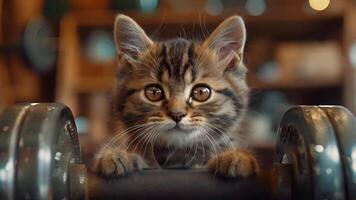 This Playful kitten rests on a dumbbell, infusing cuteness into the fitness ambiance video