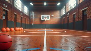 detta flera olika basketbollar spridd på golv av inomhus- domstol. inomhus- basketboll domstol med basketboll bollar video
