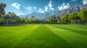 diese Fußball Feld einstellen gegen ein Hintergrund von entfernt Berge. Fußball Feld mit Berge im das Hintergrund video