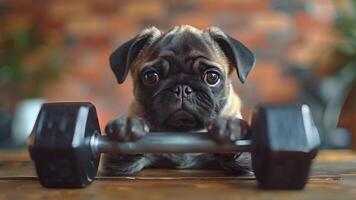 This Pug dog poses with dumbbell, adding a playful touch to the fitness scene video