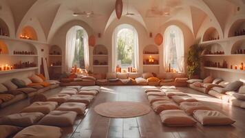 isto zen ioga estúdio com tapetes e adereços convida praticantes para encontrar interior paz. video