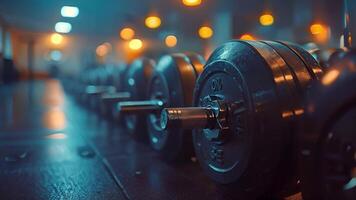 This Close-up of a barbell, symbolizing strength and determination in gym workouts video