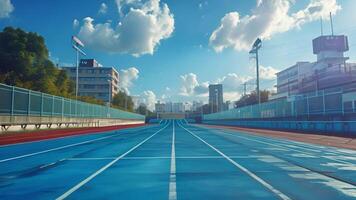 This Vibrant track and field stadium featuring hurdles for competitive races video