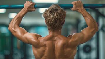 This man doing a pull up on a bar in a gym. Man Performing Pull Up in Gym video