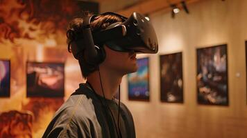 une homme portant virtuel réalité lunettes, immergé dans une numérique environnement. video