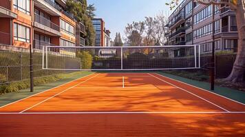 This tennis court with a net positioned in the center under the clear sky. video