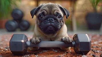 esta adorable doguillo descansa sus patas en un pesa, encarnando el encanto de gimnasio compañerismo video