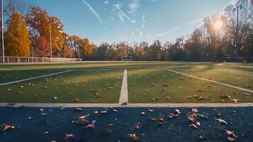 detta fotboll fält med en mål posta i de bakgrund. fotboll fält med mål i bakgrund video