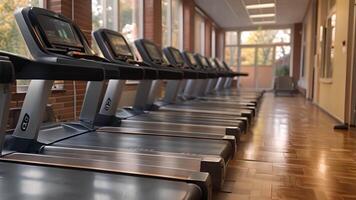 This Several treadmills lined up in a gym setting. Row of Treadmills in Gym video