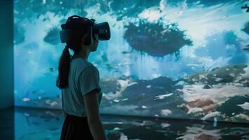 A woman stands immersed in a virtual environment with a VR headset, surrounded by vivid digital projections. video