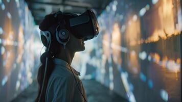 un persona es inmerso en un virtual realidad experiencia, rodeado por brillante digital proyecciones. video