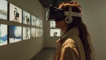 un mujer vistiendo un vr auriculares soportes en un galería, atractivo con un inmersivo anexo. video