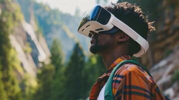 A man with a VR headset stands amidst a forest, seemingly immersed in a virtual adventure. video