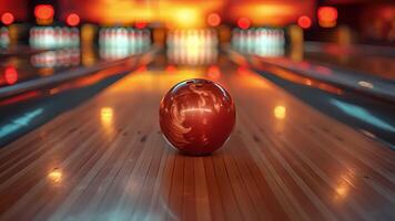 This Red bowling ball placed on top of the lane at a bowling alley. video