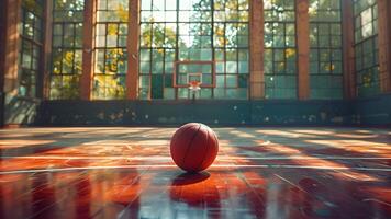 Questo rosso pallacanestro riposa su il superficie di un' pallacanestro Tribunale. rosso pallacanestro su pallacanestro Tribunale video