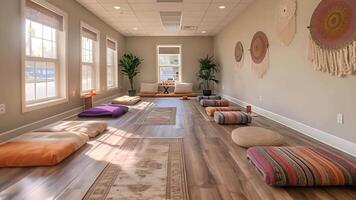 This Peaceful yoga haven. studio prepped with mats and props for practice. video