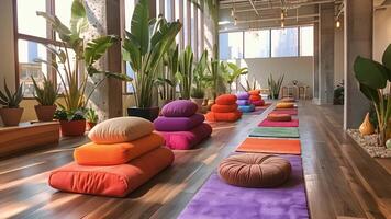 This Yoga sanctuary. studio arranged with mats and props for mindful flow. video