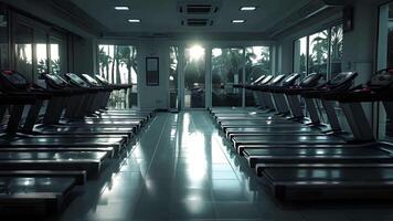 This Multiple treadmills lined up in a row inside a gym facility. video