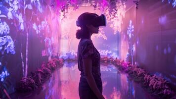 A silhouette of a woman immersed in a virtual reality experience surrounded by vibrant, glowing flowers and purple lighting. video