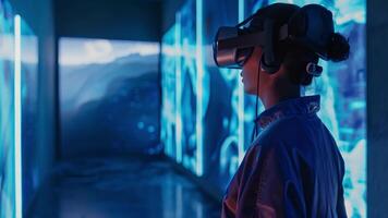 un mujer soportes inmerso en un virtual realidad simulación, rodeado por brillante neón luces. video