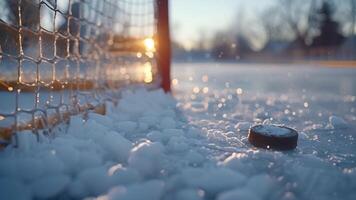 Questo hockey obbiettivo sta su un' campo coperto nel neve. hockey obbiettivo su neve coperto campo video