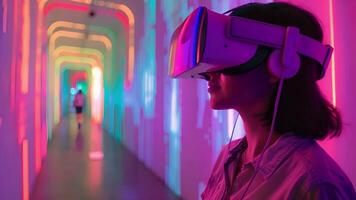 un mujer se involucra con virtual realidad, vistiendo un auriculares en un vibrantemente iluminado corredor. video