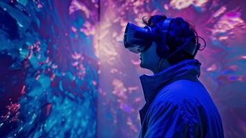 A man is immersed in virtual reality as he wears a VR headset in front of a vibrant and colorful backdrop. video