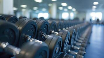 This row of dumbbells neatly arranged in a gym setting. Row of Dumbbells in a Gym video