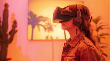 en kvinna bär en virtuell verklighet headsetet nedsänkt i en digital miljö, interagera med de virtuell värld. video