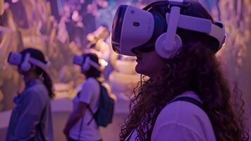 multiplo individui utilizzando virtuale la realtà auricolari nel un' camera, impegnato nel immersiva esperienze e interazioni. video