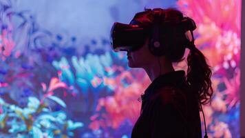 A woman engages with a VR headset amid vibrant, illuminated surroundings. video